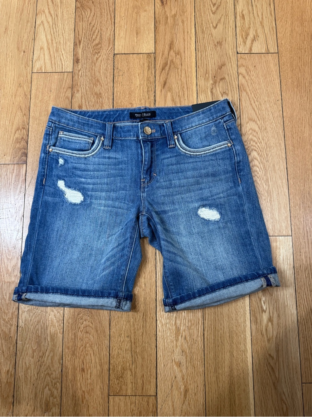White House Black Market Distressed Rolled-Hem Denim Shorts - Blue